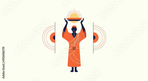 African Woman Offering Sun Bowl, Abstract Art, Ethnic Culture, Spirituality