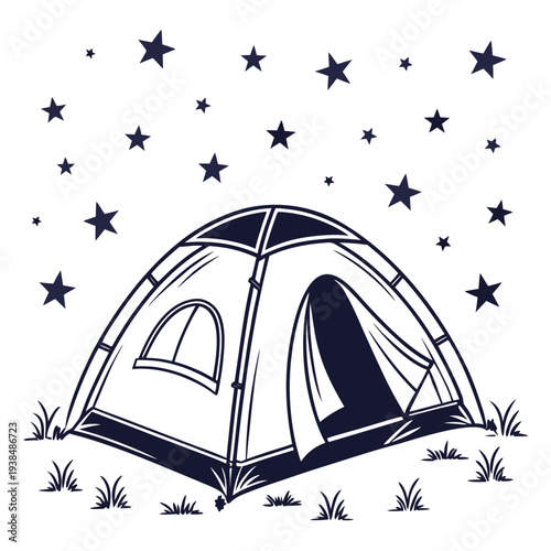 A cozy tent set up under a starry night sky with a blue and white design. Vector