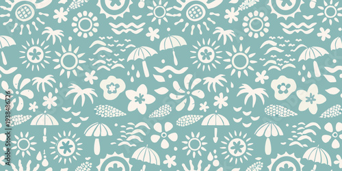 A repeating pattern of tropical suns flowers and umbrellas