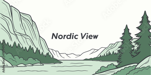 A serene nordic view with majestic mountains and a calm river flowing through the valley Vector