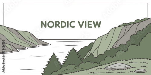 A serene nordic view with a lake and mountains in the background Vector
