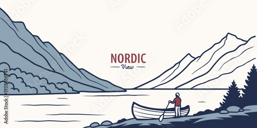 A serene lake surrounded by majestic mountains with a small boat sailing on the water Vector