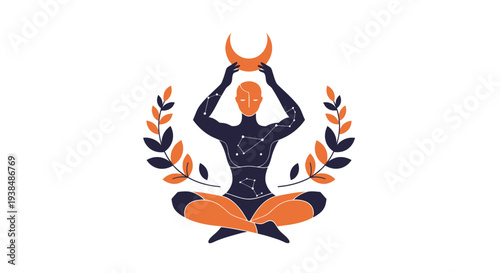 Cosmic Meditation: Figure in Lotus Pose with Crescent Moon and Star Constellations