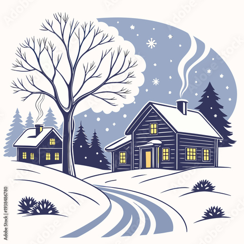 A serene winter scene with a cozy house nestled among snow-covered trees and a peaceful landscape. Vector