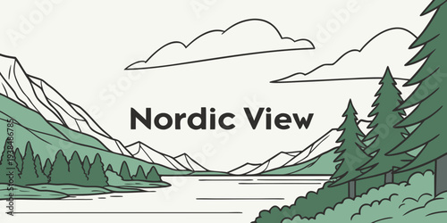 A serene view of a nordic landscape with mountains and trees under a clear sky Vector