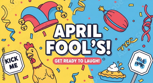 April fool's day celebration with chicken jester hat and pie