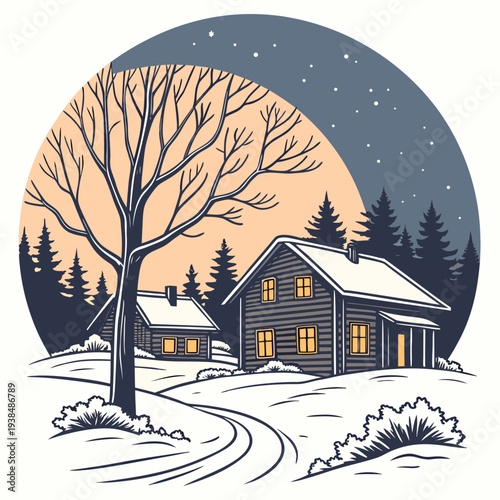 A serene winter night scene with a cabin under a full moon and snow-covered trees Vector