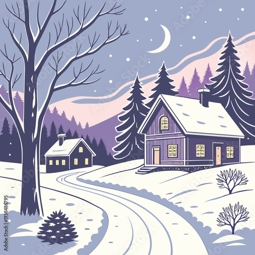 A serene winter scene with a cozy house nestled among snow-covered trees under a starry sky. Vector