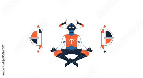Meditating Figure with Futuristic Design and Geometric Accents