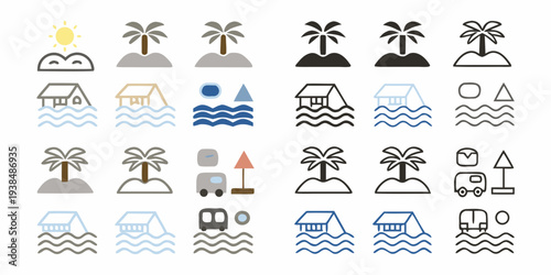 Collection of simple colorful icons depicting tropical scenes and elements