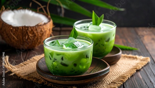 Two glasses of green drink with jelly sit beside a halved coconut on a wooden surface with palm fronds behind