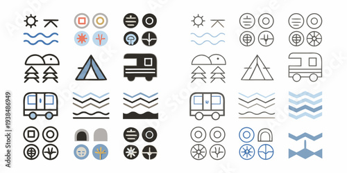 Collection of minimalist travel and outdoor adventure icons in blue tones