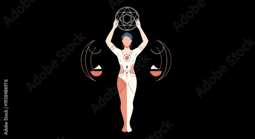 Woman holding celestial zodiac symbol, Libra constellation, astrology concept