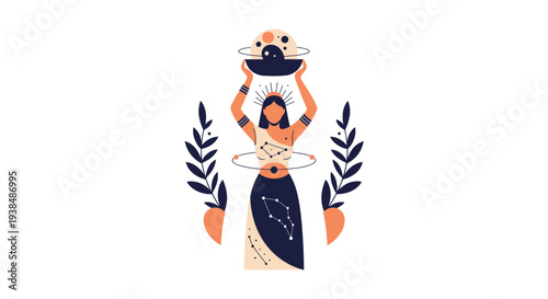 Mystical Woman with Celestial Symbols and Planets, Cosmic Goddess Illustration