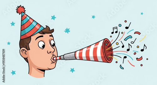 Man wearing party hat blowing into a colorful horn with music notes and stars around celebrating