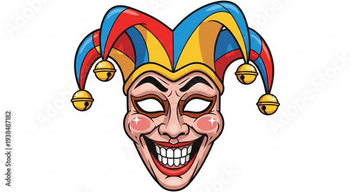 Colorful jester mask with red blue and yellow hat and golden bells on white background