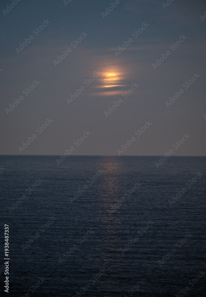 Obraz premium The moon casts its gentle glow on the calm waters, revealing a mesmerizing reflection that elicits feelings of wonder and serenity beneath a serene night sky.