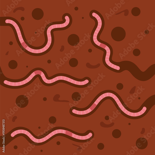 Earth with earthworms digging tunnels illustration in flat style