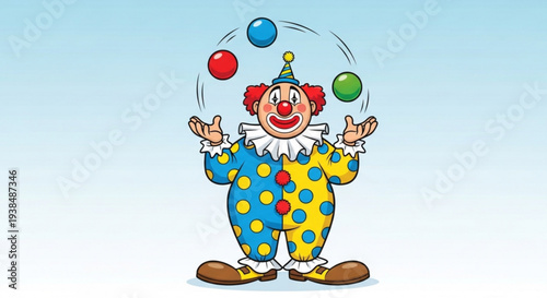 Juggling clown in colorful costume performing circus act with balls in air on gradient background