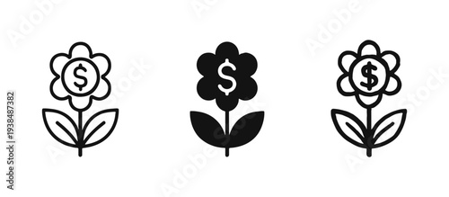 Money Flower Icon Set - Financial Growth, Sustainable Investment, and Green Economy