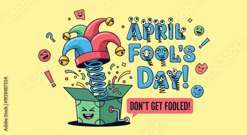 Vibrant april fool's day illustration with jester hat springing from green box surrounded by playful symbols on yellow background