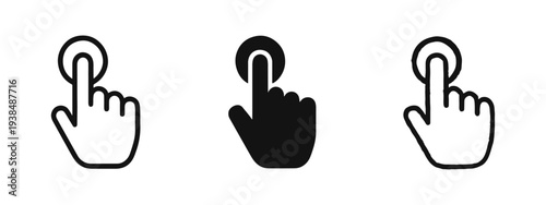 Finger Tap or Click Gesture Icon Set. Hand Pressing Button Symbol with Outline, Solid, and Doodle Styles.