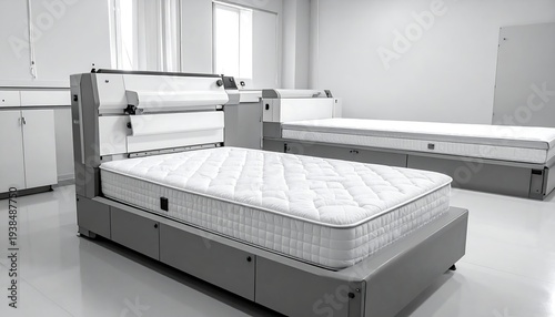 Two mattresses sit atop industrial machinery in a bright, sterile-looking room with cabinets and a clean floor