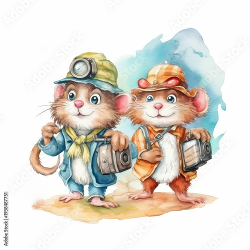 Two animal explorers, two mouses. Watercolor illustration style, children book style