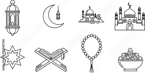 Islamic Religious Icon Collection Featuring Holy Quran Rehal Prayer Beads Mosque and Dates for Ramadan Kareem
