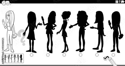 shadow game puzzle with funny cartoon girl character coloring page