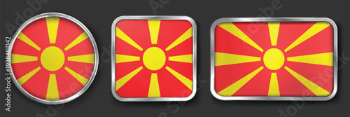 North Macedonia Metallic Flag Collection, Circular, Square and Rectangular North Macedonia Flag Badges Set
