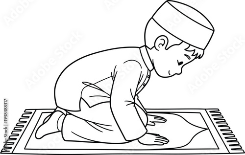 A young muslim boy praying on a mat isolated on transparent background