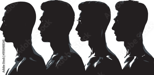 Four overlapping side‑profile silhouettes of a person facing left, arranged in a row, emphasizing facial contours and artistic shadow effects on a white background.