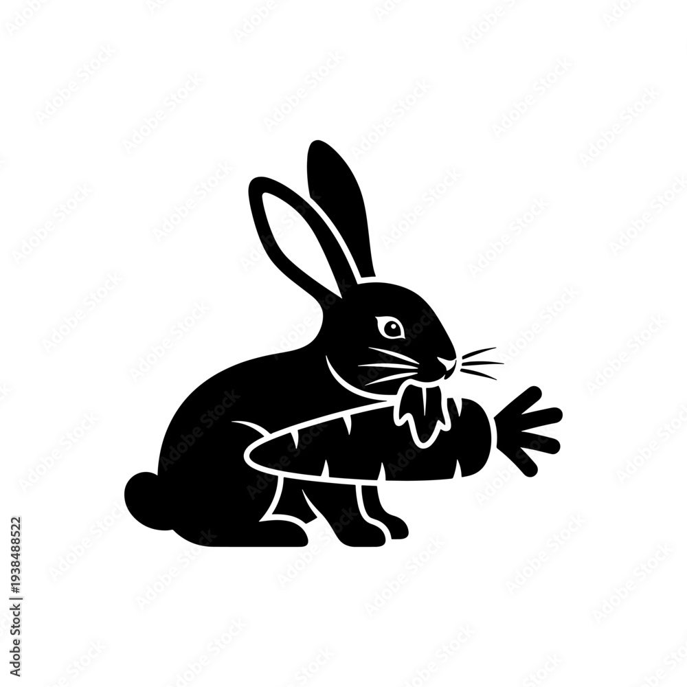 Fototapeta premium A black silhouette of a rabbit happily munching on a fresh orange carrot silhouette