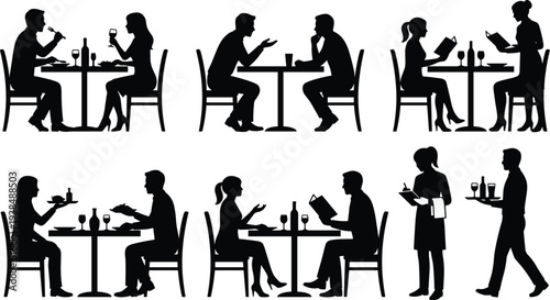 Restaurant dining silhouettes, people eating drinking wine conversations waitstaff serving food hospitality social interaction concept, flat vector illustration