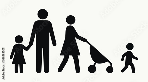 Family pictogram: parents with two children and a baby in a stroller