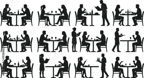 Restaurant dining silhouettes, couples eating drinking wine conversations waitstaff serving food formal dining social interaction concept, flat vector illustration