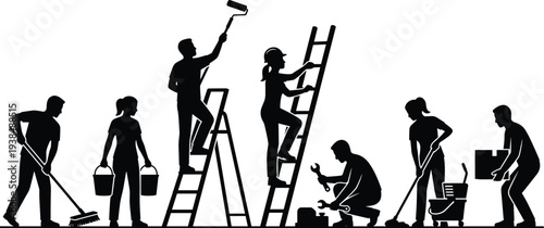 Seven manual labor silhouettes performing tasks, sweeping painting climbing carrying mopping repairing lifting teamwork maintenance concept, flat vector illustration