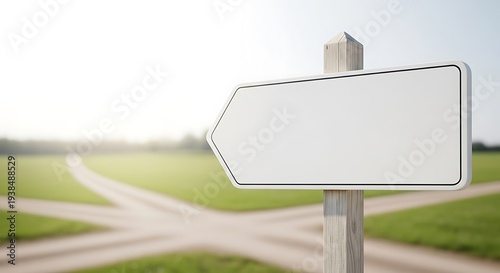 A white, blank signpost in focus, set against blurred intersecting paths in a grassy field