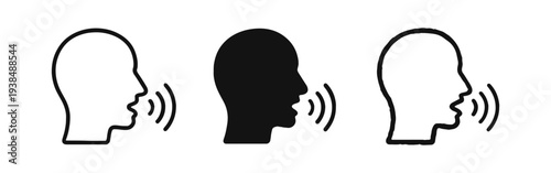 Speaking and Voice Communication Icon Set. Human Head with Sound Waves in Outline, Solid, and Doodle Styles.