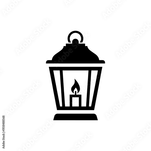 A simple black silhouette of a vintage lantern with a flickering flame inside silhouette