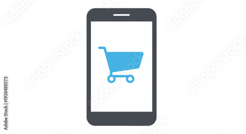 Mobile E commerce Icon Smartphone Displaying a Blue Shopping Cart for Online Retail Concept