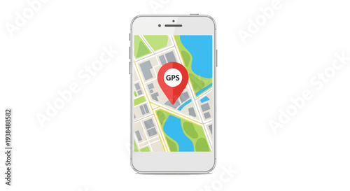 Smartphone Displaying GPS Navigation Map with Location Pin Isolated on White Background