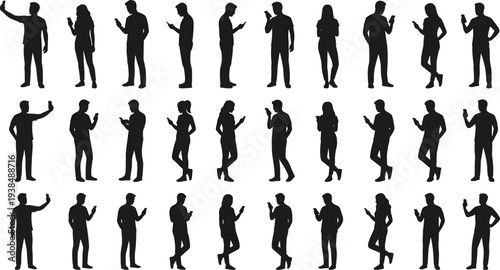 Twenty‑four people silhouettes using smartphones, texting browsing selfies communication mobile device lifestyle technology posture concept, flat vector illustration