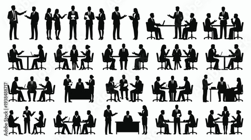 Business professional silhouettes in meetings, discussions presentations interviews teamwork corporate communication workplace collaboration concept, flat vector illustration