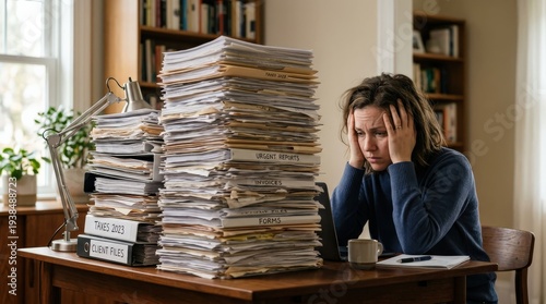 A stressed woman sits at a desk overwhelmed by towering stacks of labeled paperwork in a cozy, well-lit home office.