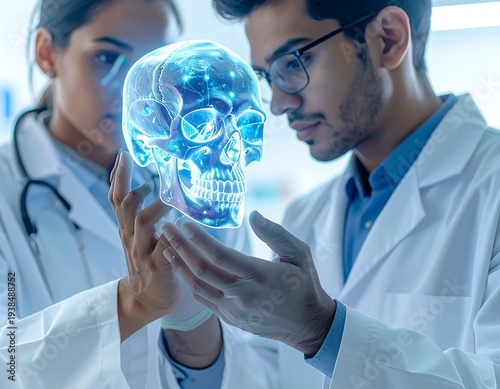 Two medical professionals examine a luminous, holographic skull in a bright lab setting