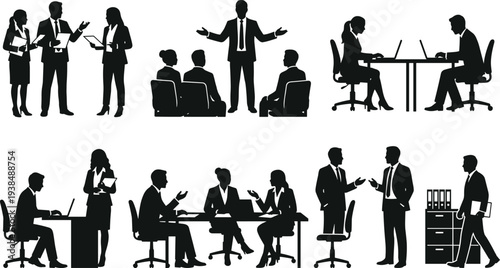 Business professional silhouettes in office teamwork, meetings presentations discussions collaboration workplace communication corporate concept, flat vector 