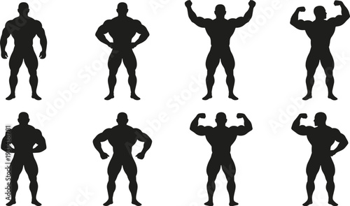 Eight bodybuilding male silhouettes posing flexing muscles competition strength fitness physique showcase concept, flat vector illustration