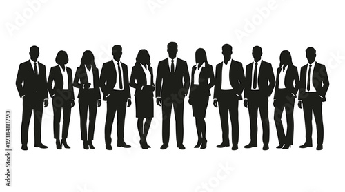 Eleven business professional silhouettes in formal attire, teamwork corporate culture workplace communication diversity professionalism concept, flat vector illustration